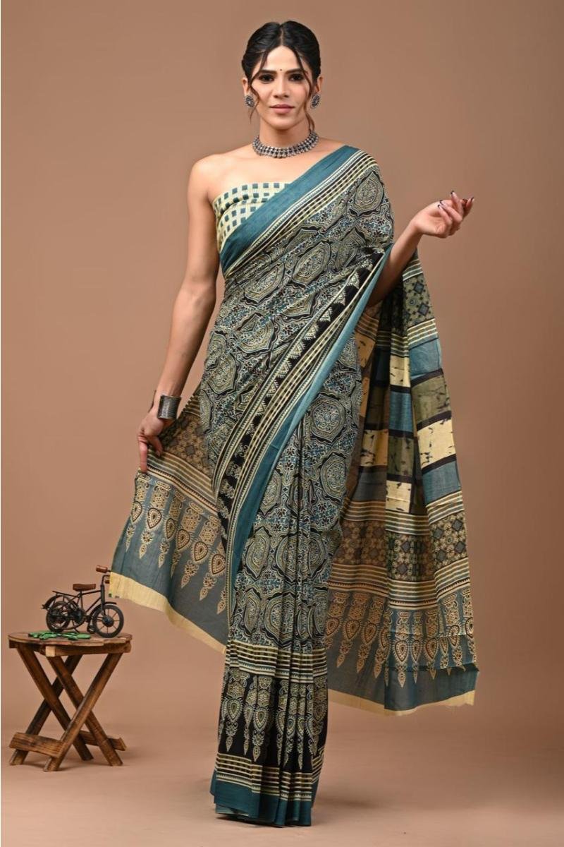 Teal Blue Ajrakh Mul Cotton Saree with Striped Paisley Ajrakh Print