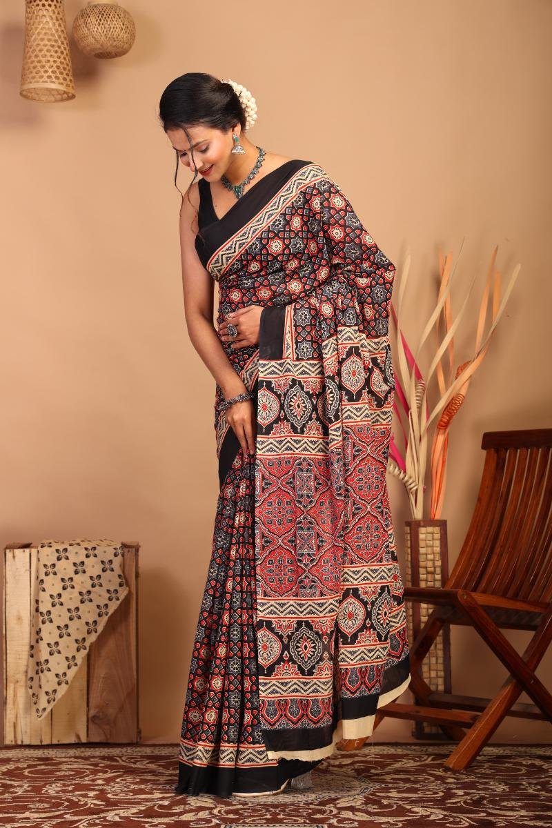 Black Red Ajrakh Print Saree with Geometric Floral Ajrakh Print