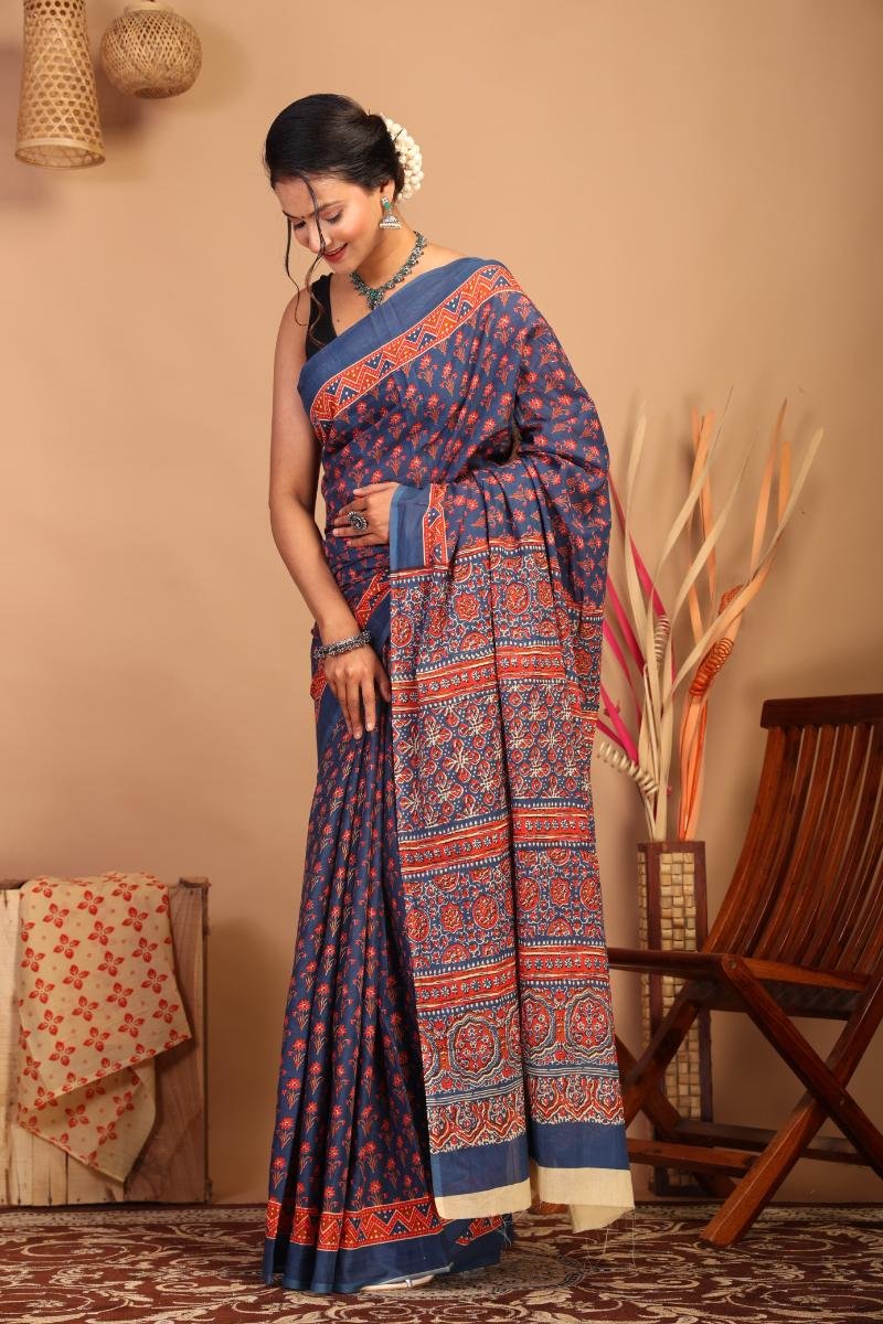 Blue Mulmul Ajrakh Saree with Traditaional Buti Ajrakh Print