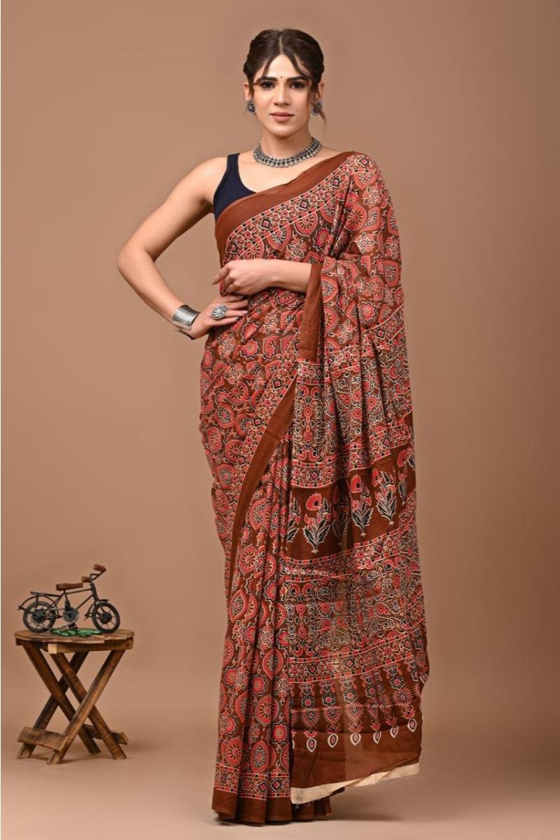 Rust Brown Ajarakh Mul Cotton Saree with Geometric Ajrakh Print