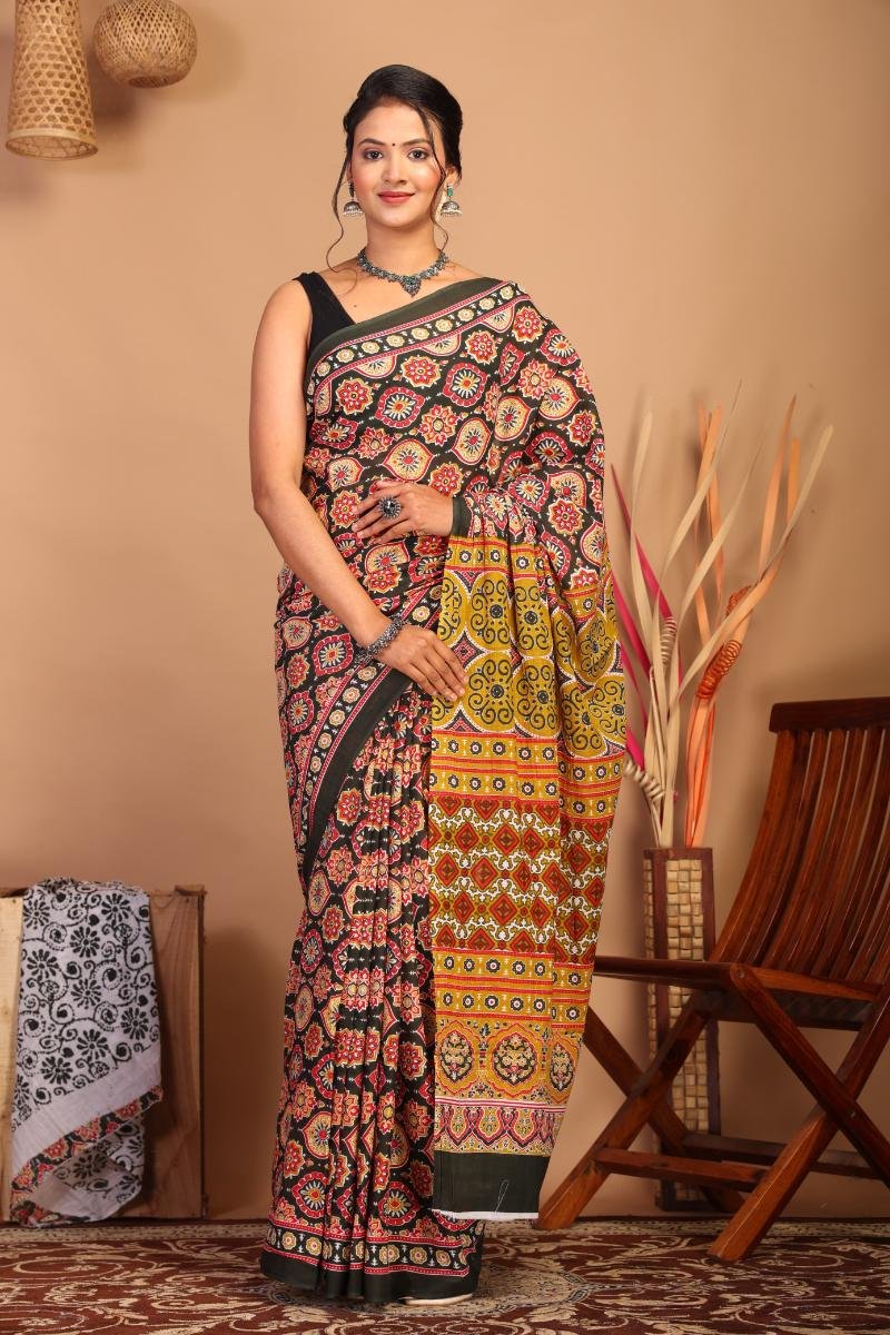 Multi-color Ajrakh Mulmul Cotton Saree with Hand Block Motif Ajrakh Print