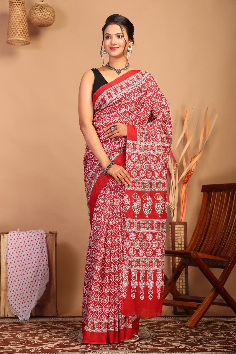 Red Ajrakh Cotton Mulmul Saree with Floral Geometric Ajrakh Print