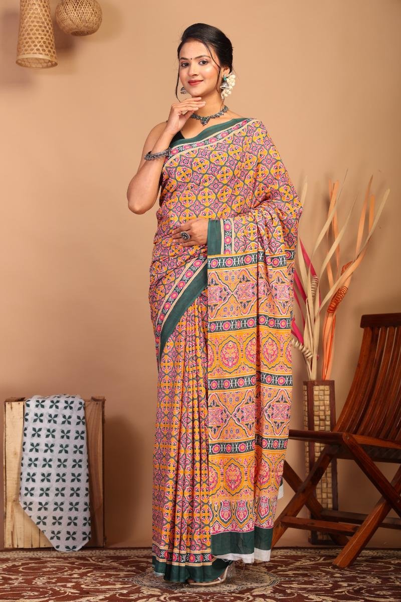 Purple Yellow Ajrakh Mulmul Saree with Ornamental Motif Ajrakh Print