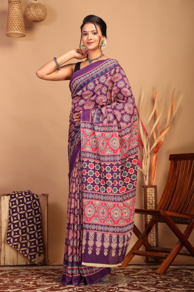 Purple Ajrakh Cotton Saree with Geometric Floral Ajrakh Print