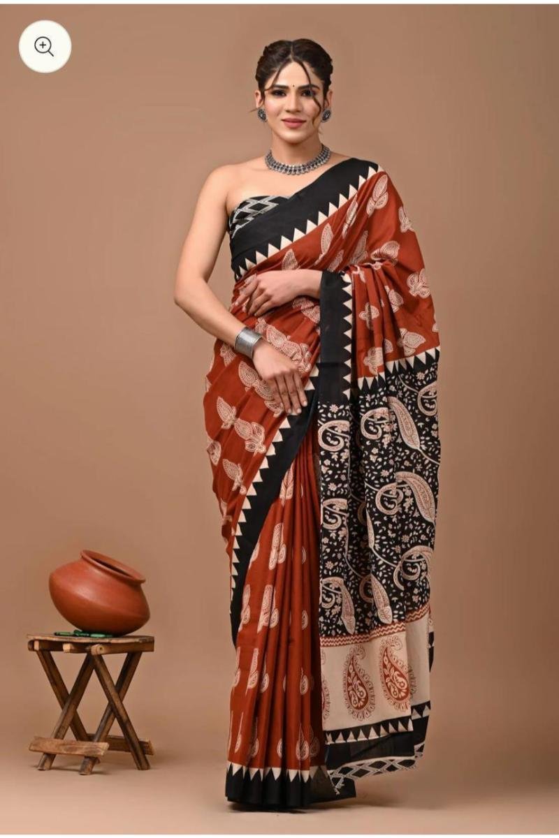 Red Black Bagru Print Mul Cotton Saree with Leaf Block Bagru Print