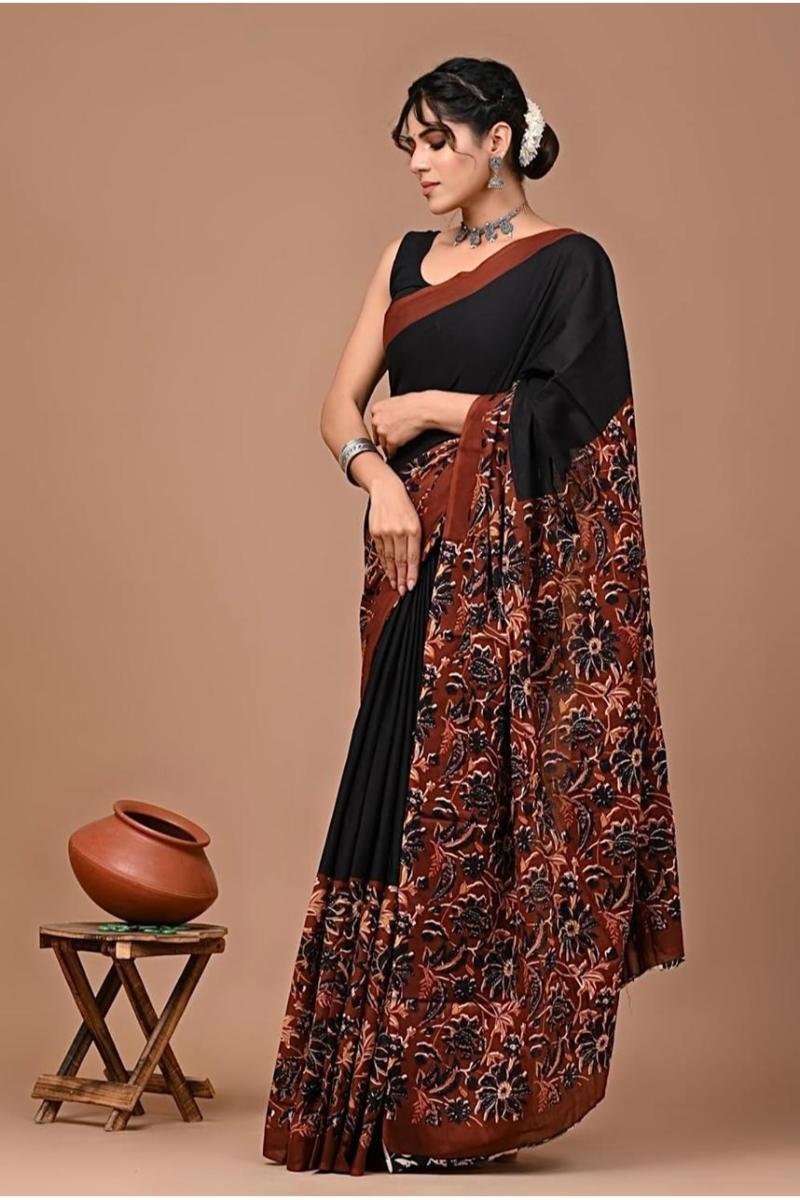 Black Rust Pure Cotton Malmal Saree with Hand Block Bagru Print