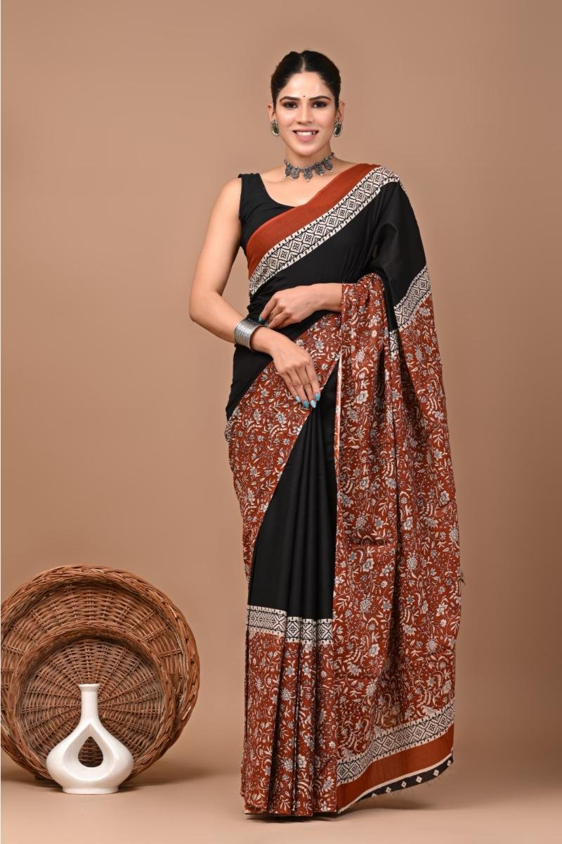 Black Rust Saree Mulmul Cotton with Traditional Bagru Print