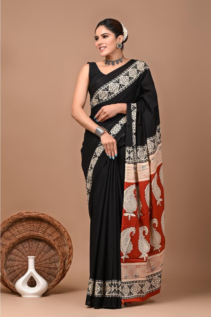 Black Red Mulmul Printed Saree with Paisley Bagru Print