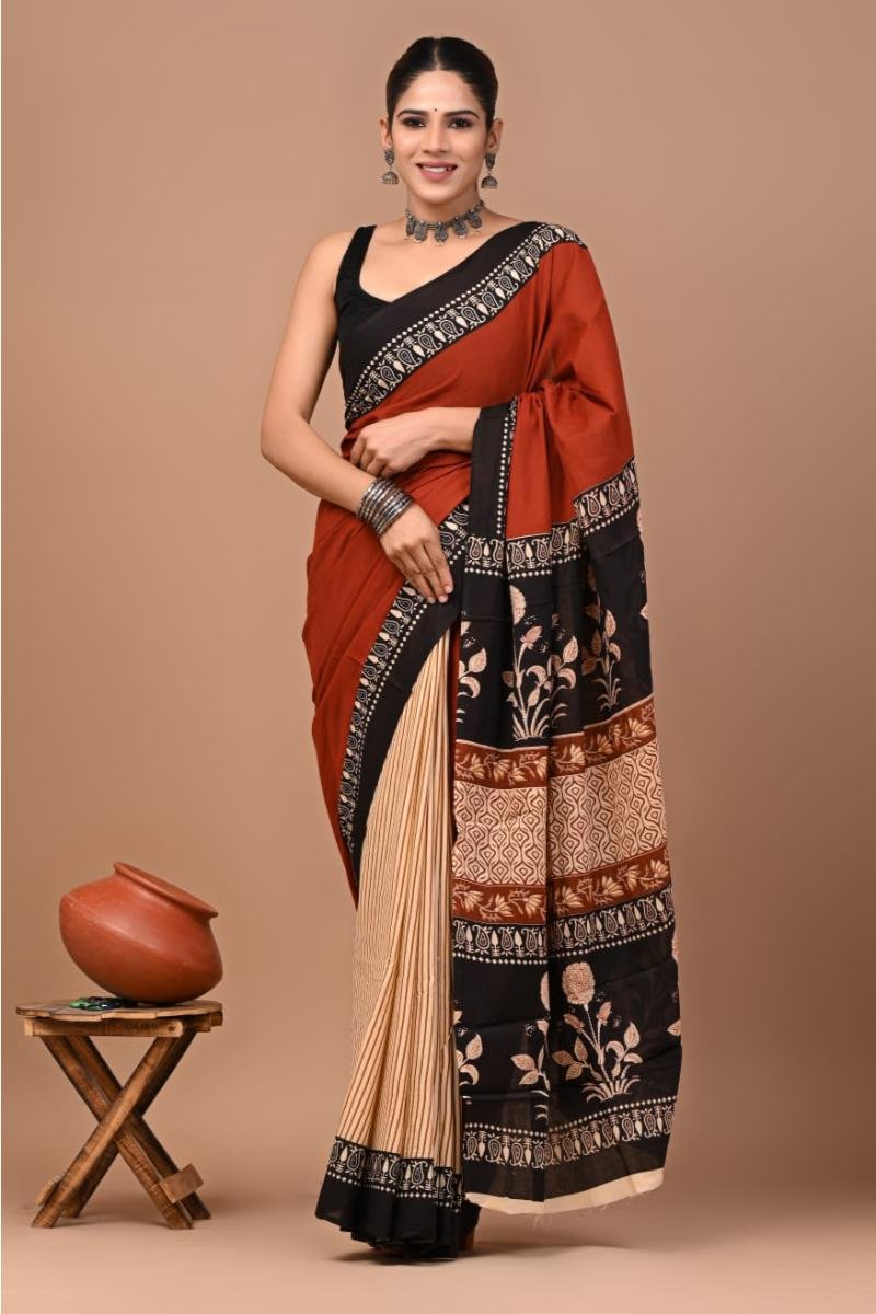 Red Black Mulmul Saree Online Shopping with Kalamkari Bagru Print