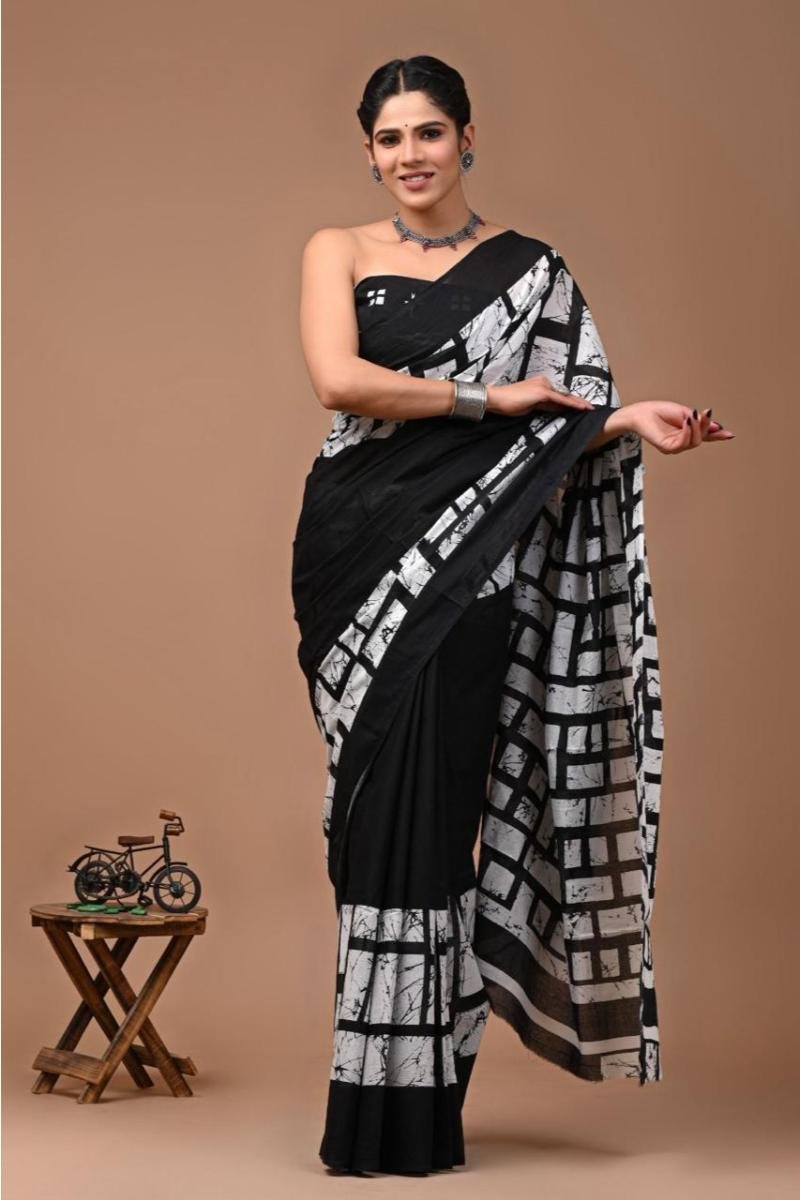 black and white Batik Print Mulmul Saree with Wax Batik Print