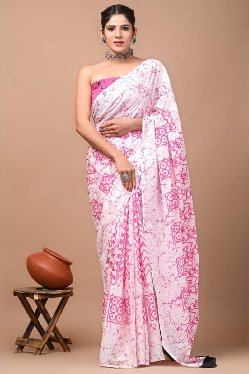 pink Batik Print Mulmul Cotton Saree with hand block Batik Print