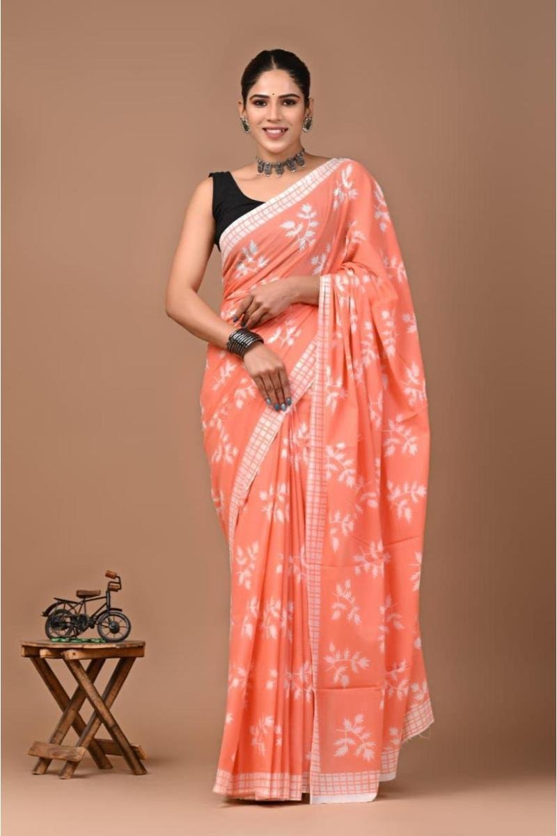Peach Peach Color Cotton Saree with Leaf Sanganeri Print