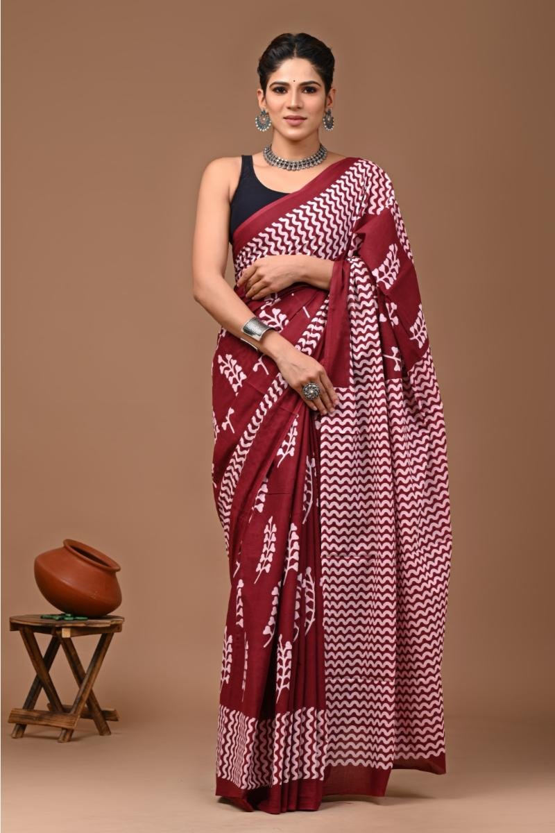 Maroon Saree Mulmul Cotton with Ikkat Jaipuri Print
