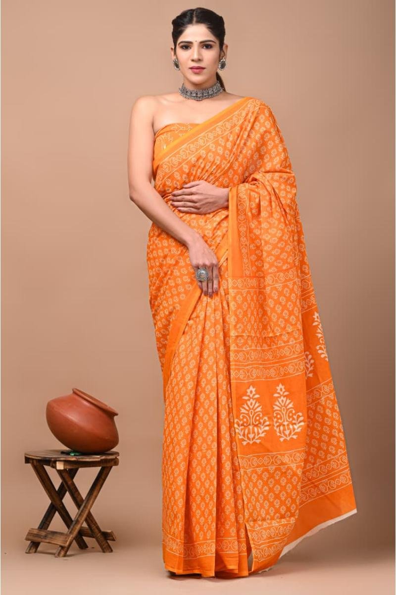 Orange Printed Cotton Mulmul Saree with Barik Buti Block Print