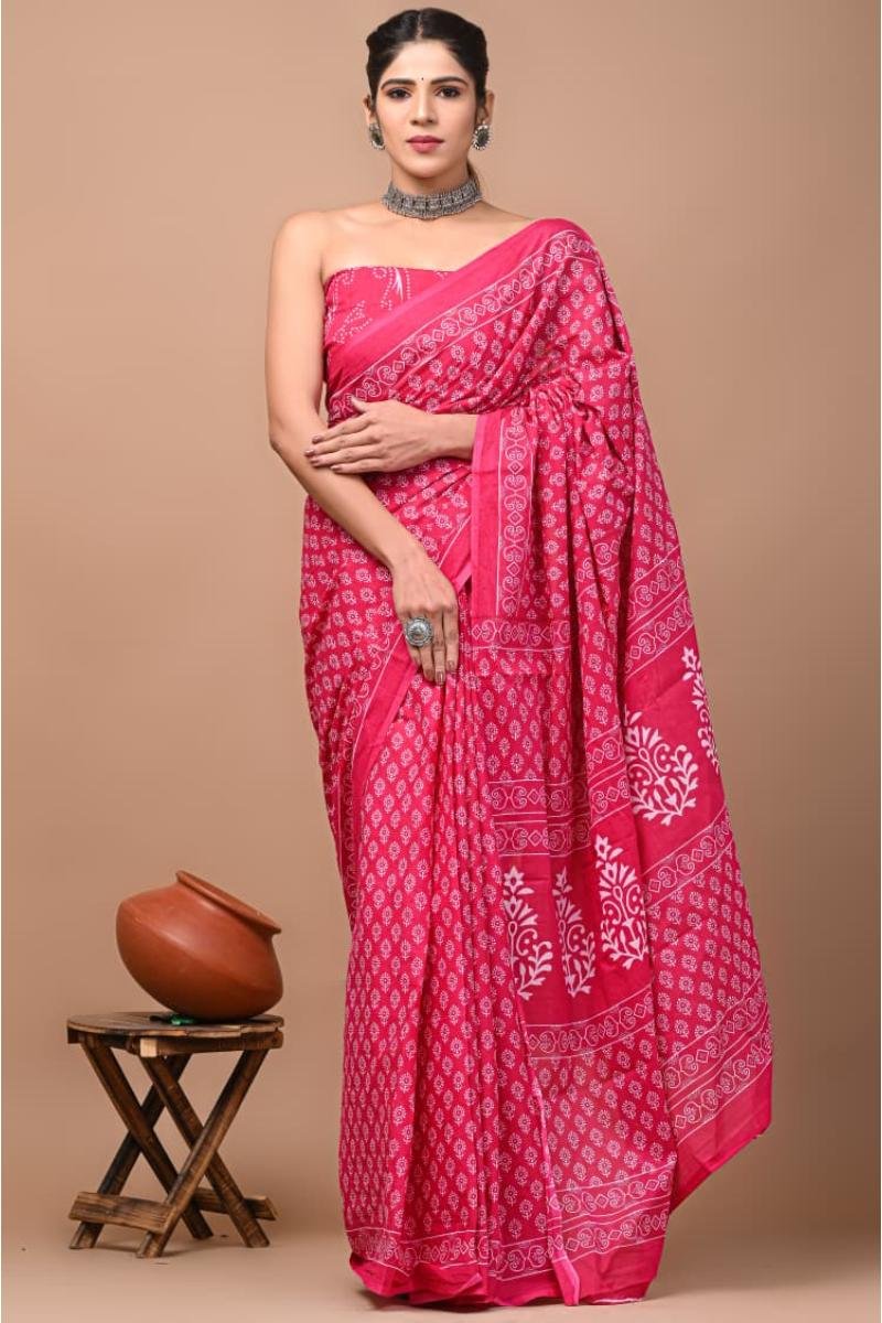 Pink Pink Mulmul Saree with Barik Buti Block Print