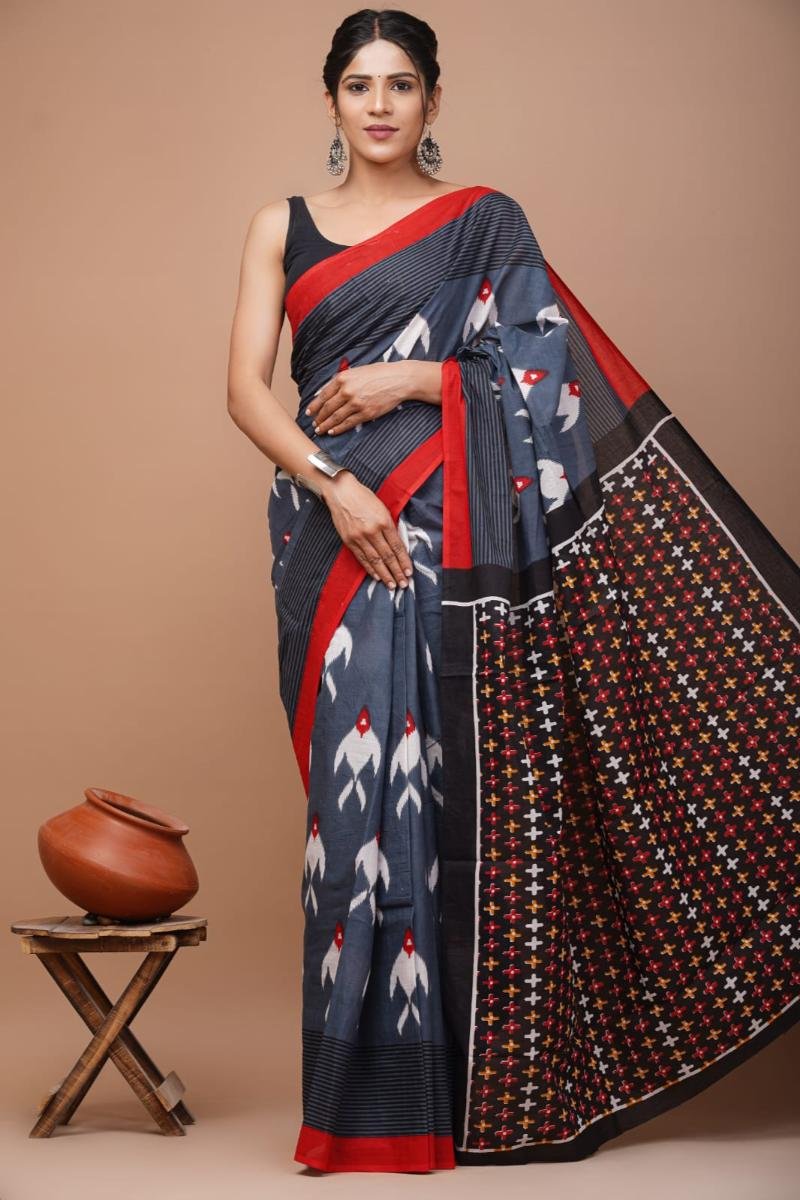 Grey Soft Cotton Malmal Sarees with Fish Ikkat Print