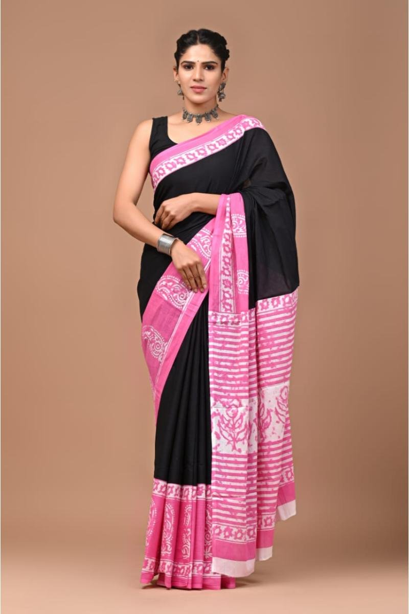 Black Dabu Print Mul Cotton Saree with Paisley Mud Print