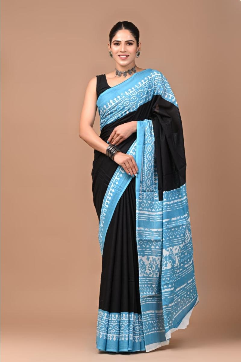 Black Black Cotton Mul Saree with Paisley Jaipuri Print