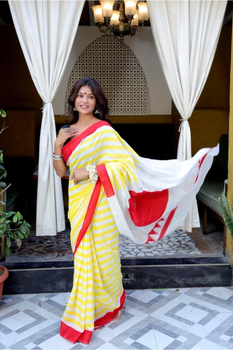 Yellow Soft Mul Cotton Sarees with Striped Block Print