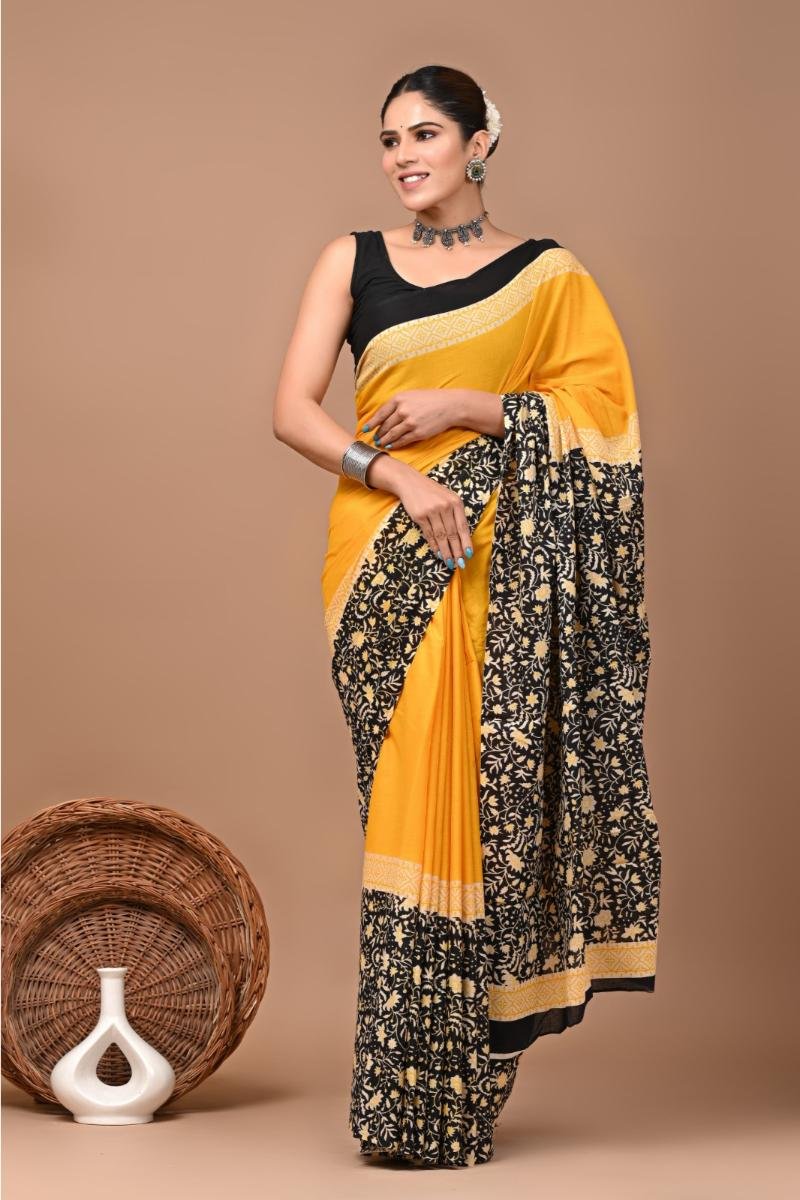 Yellow Bagru Print Mul Cotton Saree with Floral Jaal Block Print