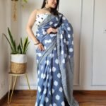 Blue Cotton Saree Mulmul with Dot Design Ikkat Print