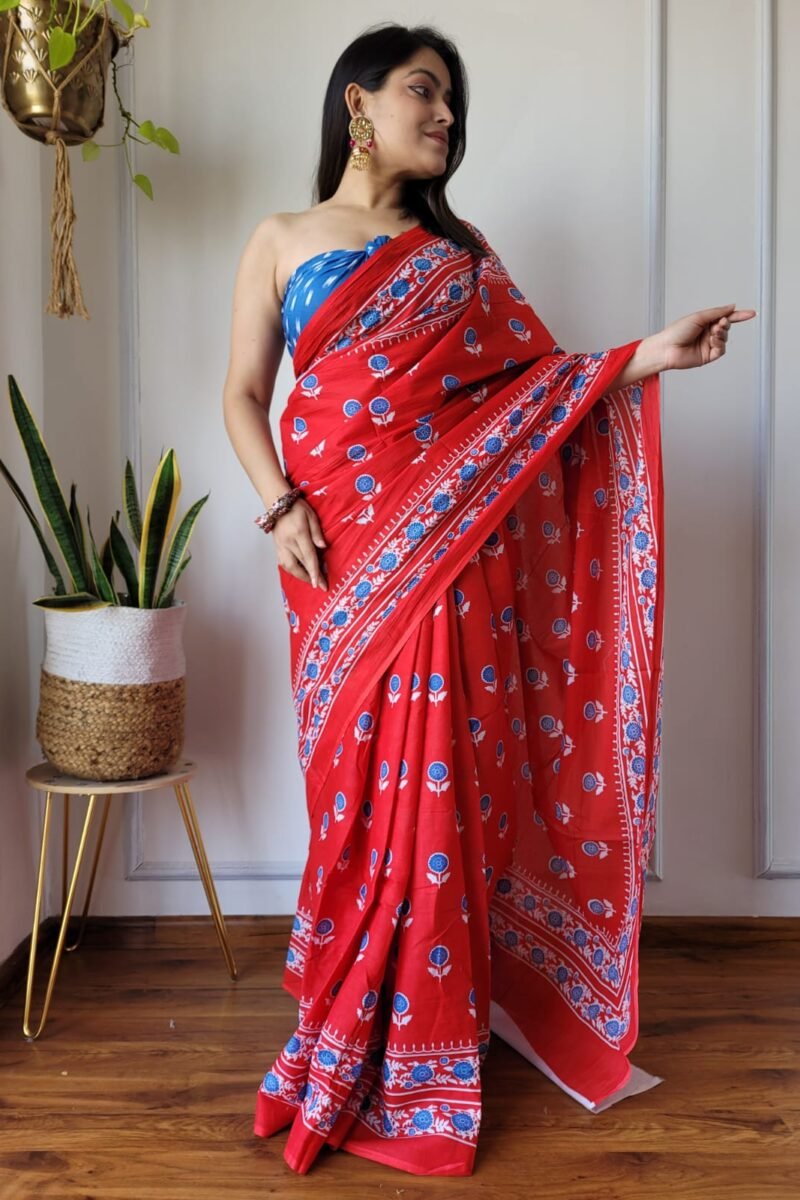 Red Pure Mulmul Sarees with Ajrakh Motif Block Print