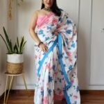 White Malmal Saree Cotton with Floral Block Print