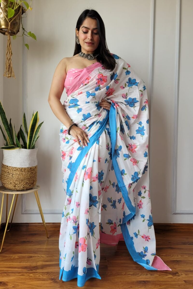 White Malmal Saree Cotton with Floral Block Print