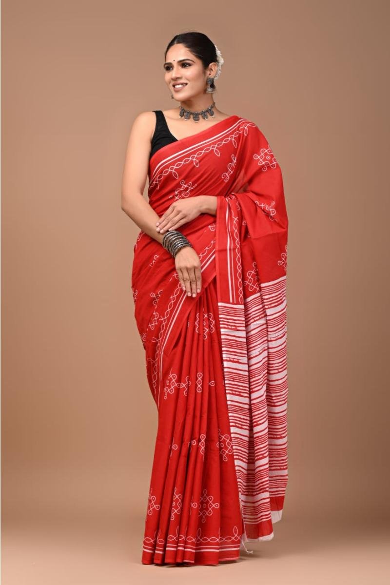 Red Red Mulmul Cotton Saree with Mandana Sanganeri Print