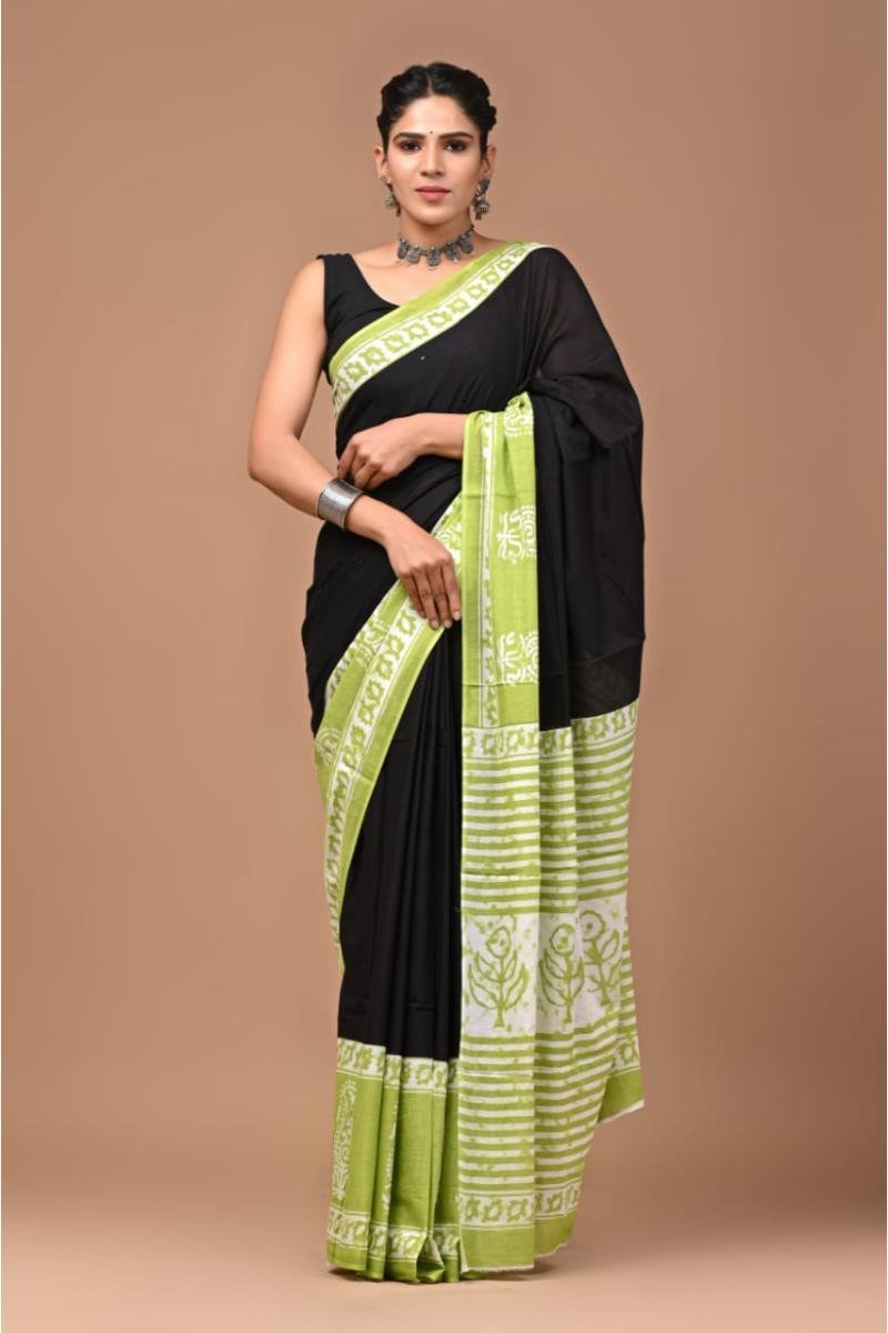Black Malmal Mulmul Cotton Sarees with Dabu Design Sanganeri Print