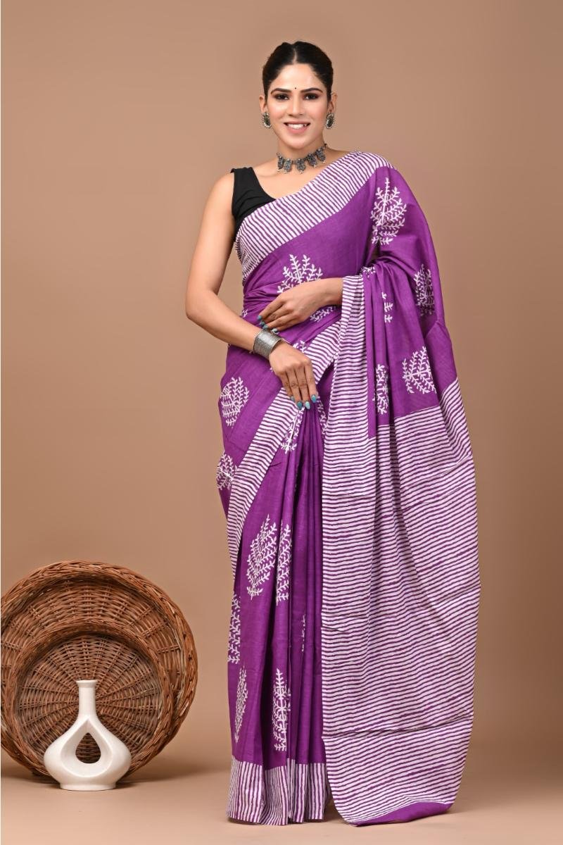 Purple Malmal Saree Cotton with Striped Prosin Print