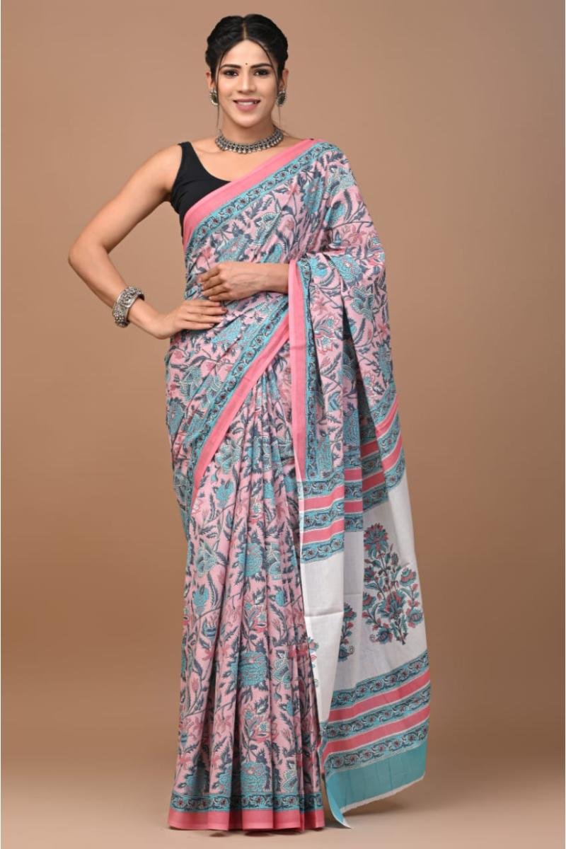 Multicolor Floral Mulmul Cotton Saree with Floral Jaal Floral Print