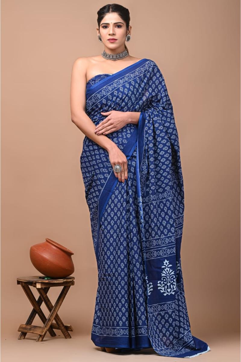 Indigo Indigo Mulmul Cotton Sarees with repeat motif dabu print