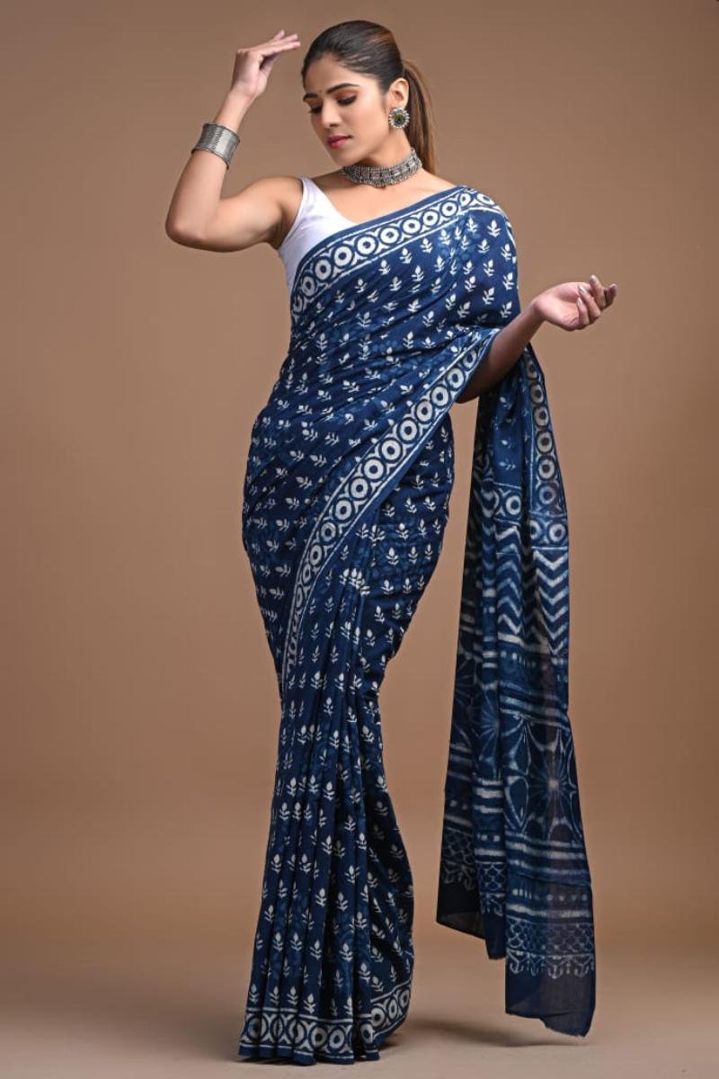 Indigo Indigo Blue Mulmul Saree with leaf design dabu print