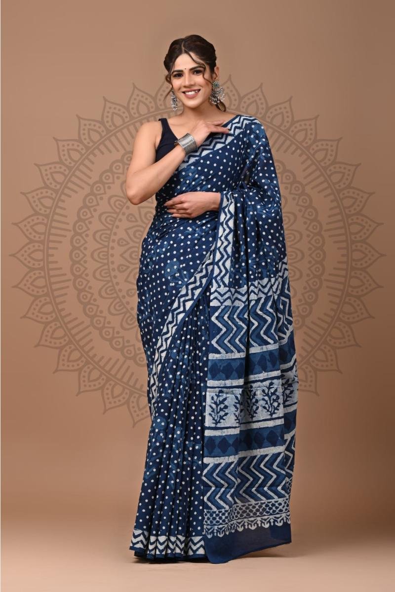 Indigo Indigo Mul Saree with Traditional buti dabu print