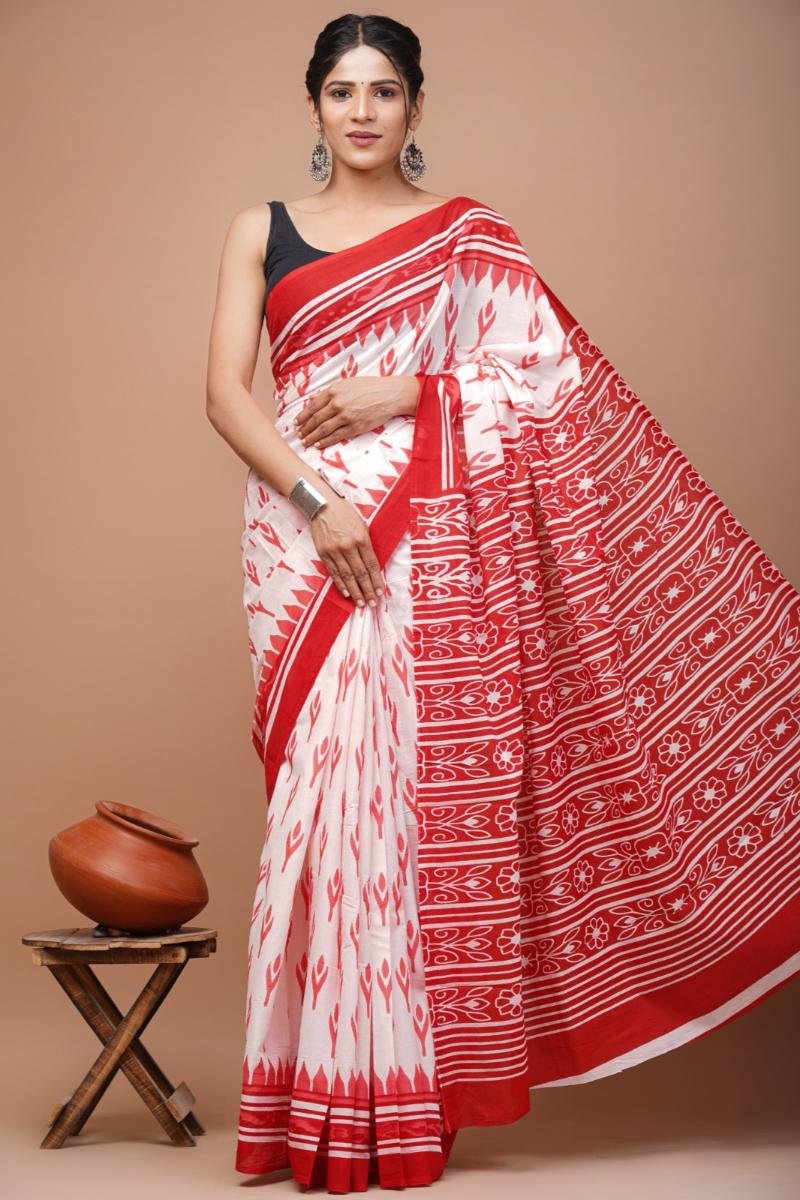 red and white Ikkat Cotton Saree with geometric pattern Ikkat Print