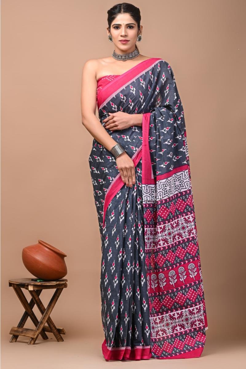 gray black Ikat Print Cotton Saree with geometric pattern Ikkat Print