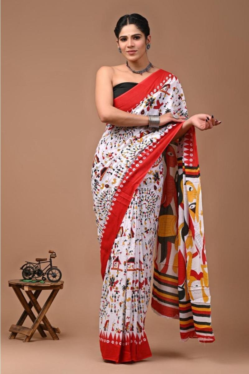 Kalamkari Mul Cotton Saree multicolor traditional design in kalamkari print