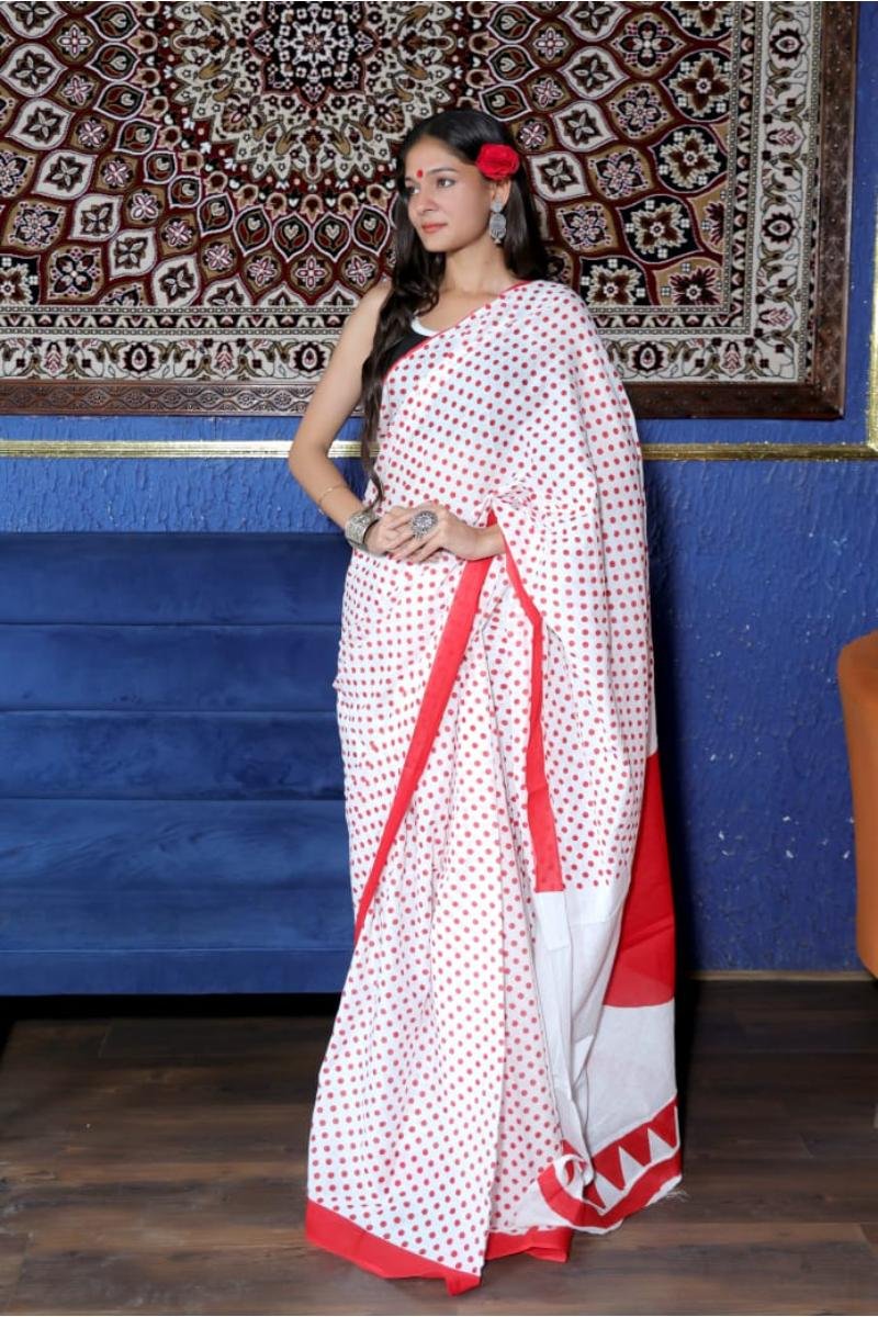 White White Polka Dot Saree with Polka Dot Procin Print