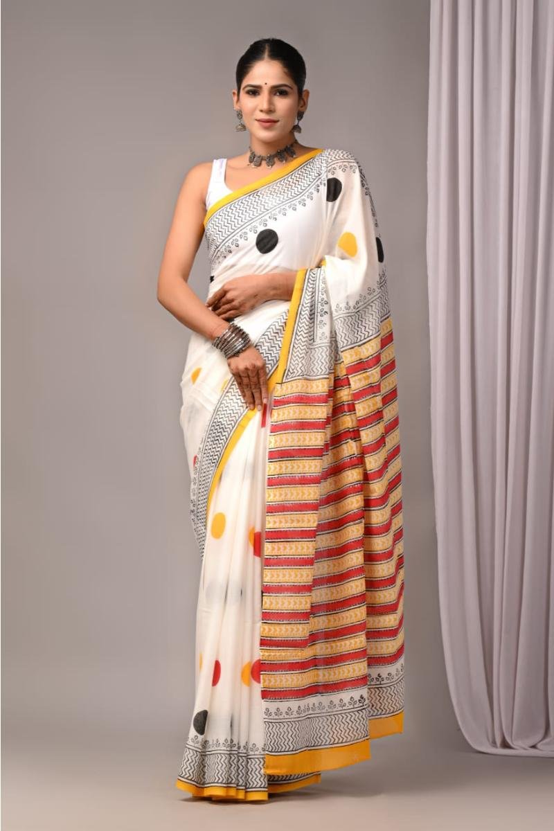 Cream Polka Dot Saree Cotton with Dot Design Bagru Print