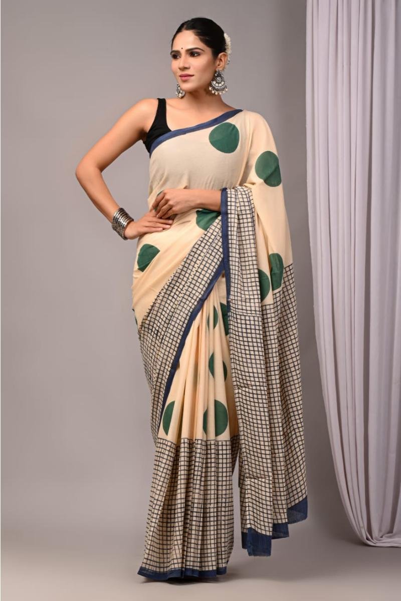 Cream Mul Cotton Polka Dot Saree with Circle Motif Bagru Print