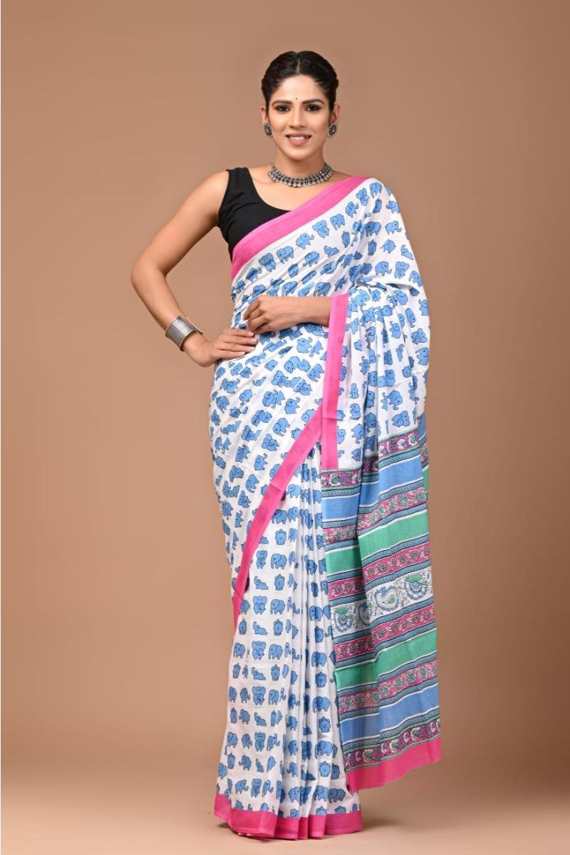 quircky mul cotton sarees beby elephant print in blue color