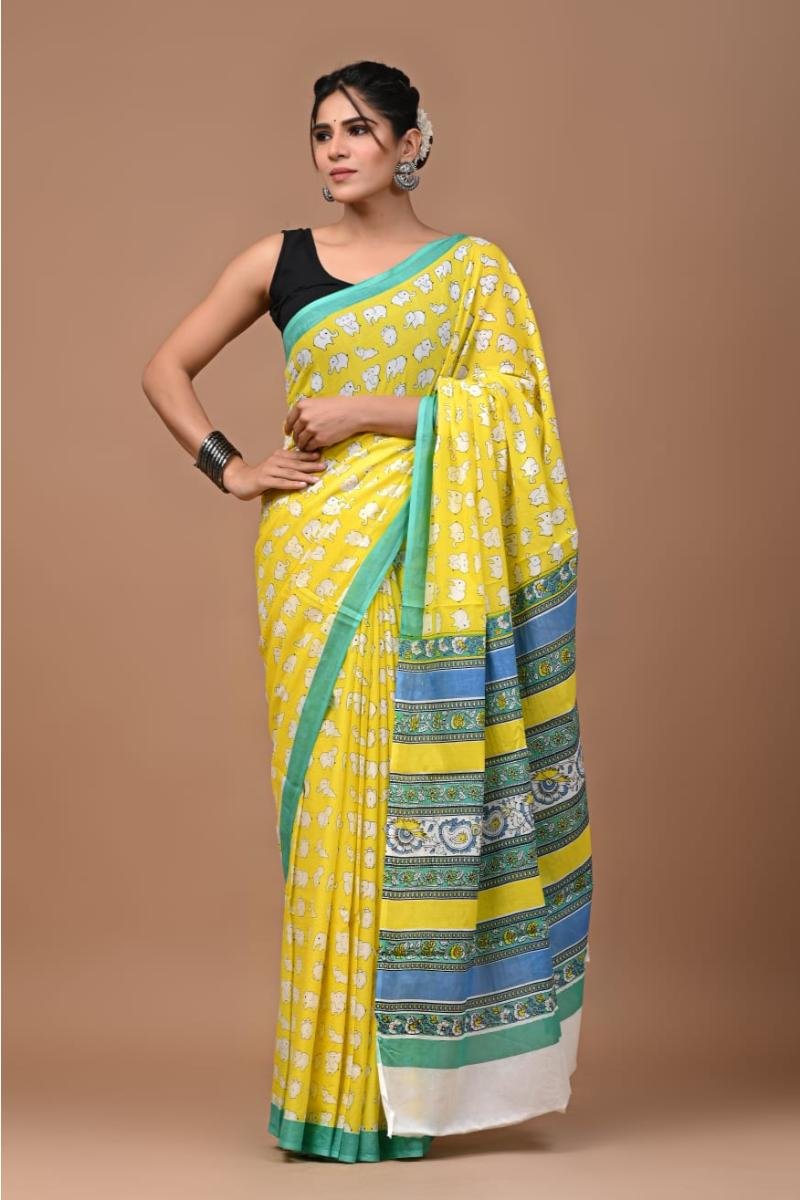 Yellow Elephant Print Saree Cotton with Elephant Motif Quircky Print
