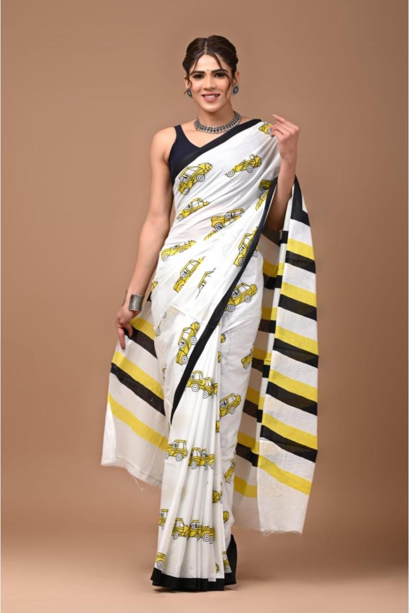 White Quirky Printed Saree with Vehicle Quircky Print