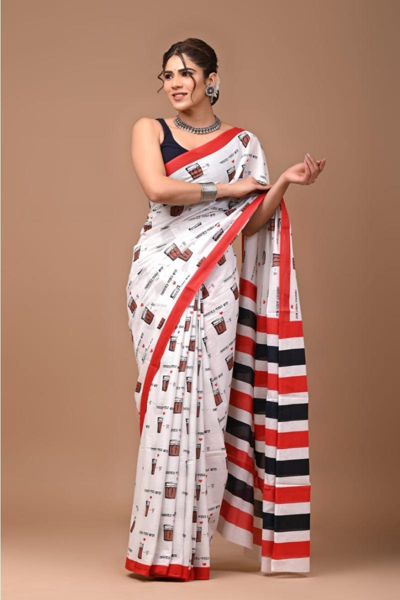 White Quirky Mul Cotton Sarees with Striped Quircky Print