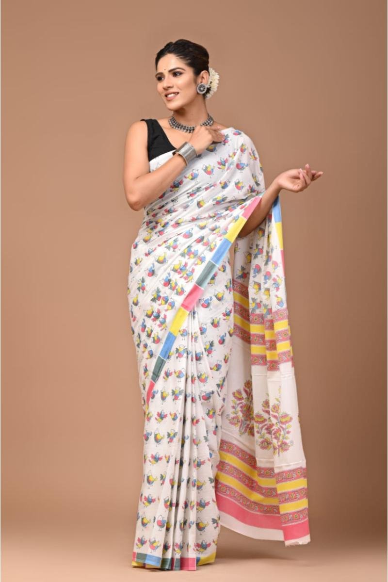 Cream Latest Model Cotton Sarees with Fruit Motif Quircky Print