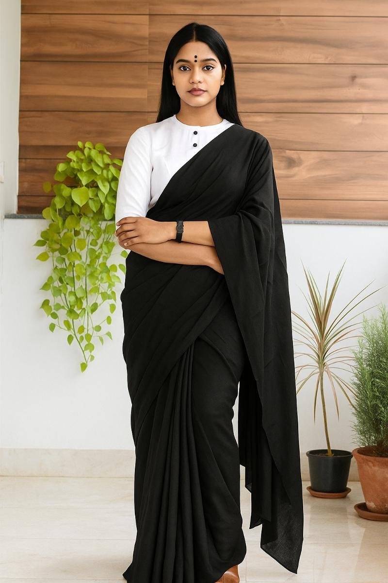 Black Plain Black Mulmul Cotton Saree with Solid Color Plain Dye