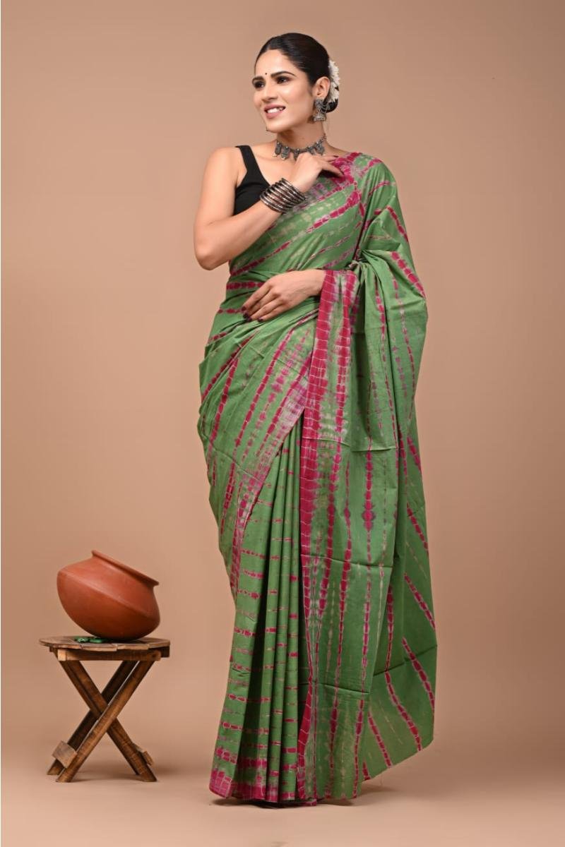 Green Tie And Dye Mul Cotton Saree with Striped Tie And Dye