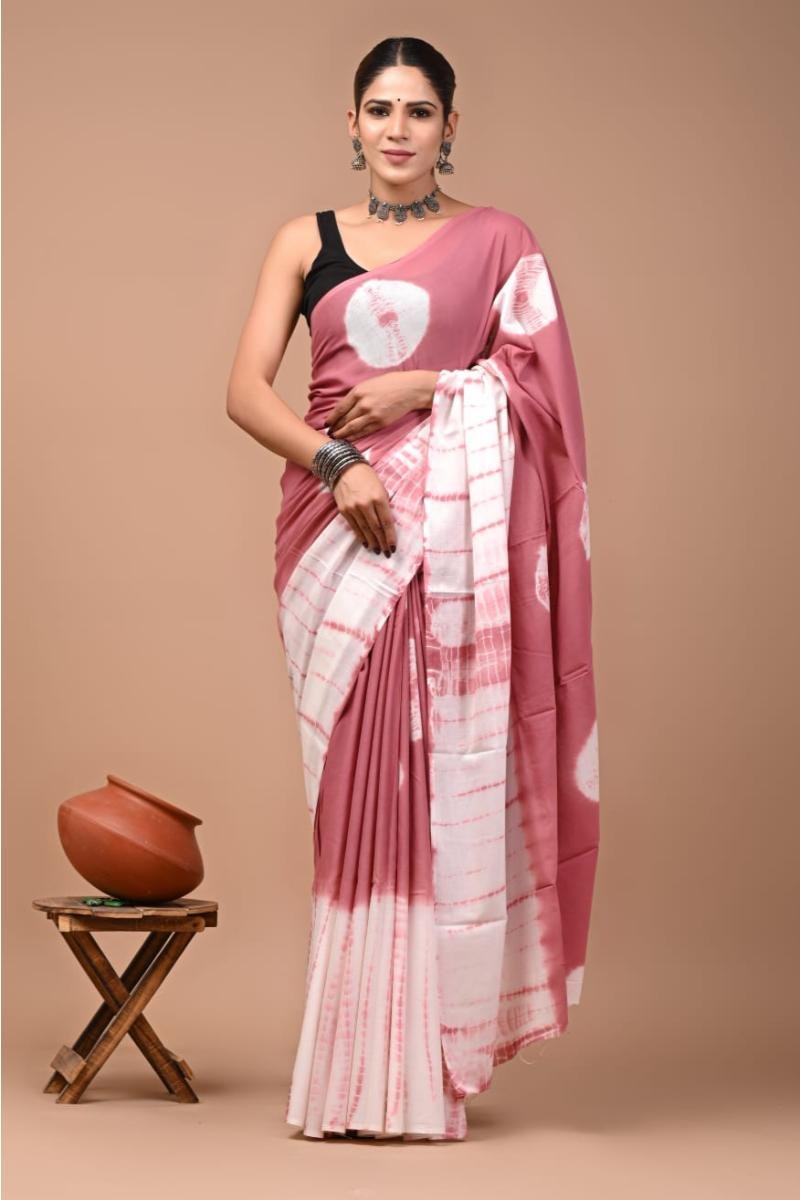 tie and dye mul coton saree in chiku color