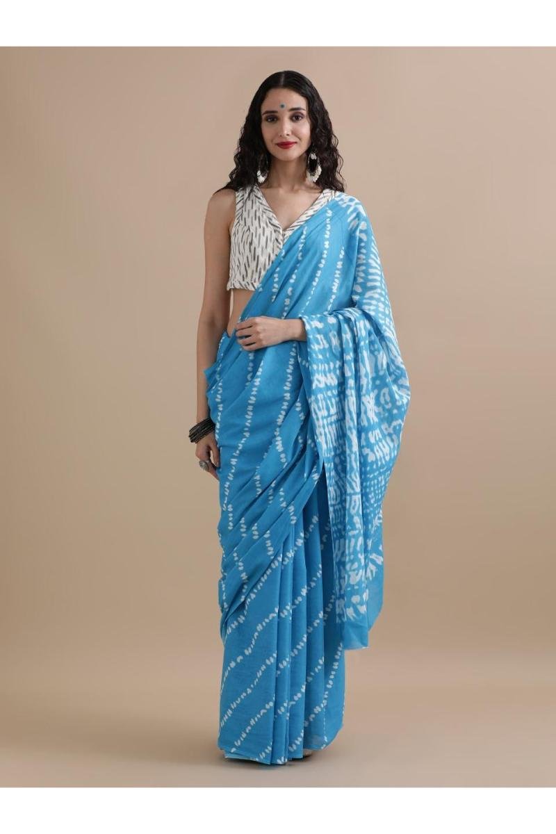 Sky Blue Shibori Print Cotton Saree with Lahariya Bandhani Print